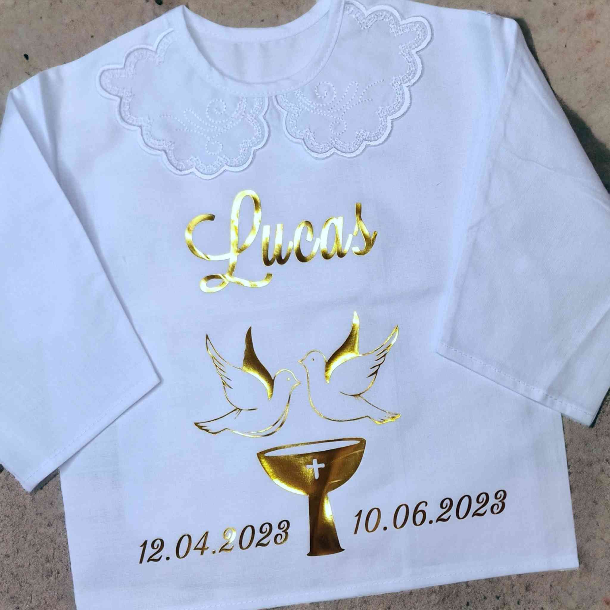 Košieľka na krst Zoe / krstová košieľka s anjelikom, krížikom, srdcom - jemná luxusná